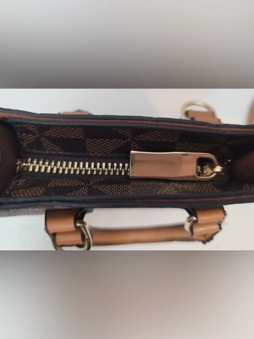Structured Brown Geometric Triangle Mini Satchel Crossbody Bag with Tan Handles